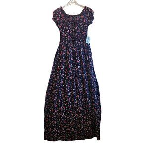 Kindred Navy Mavue Floral Maxi Dress Size M Puffed Short Sleeve Smocked Tiered